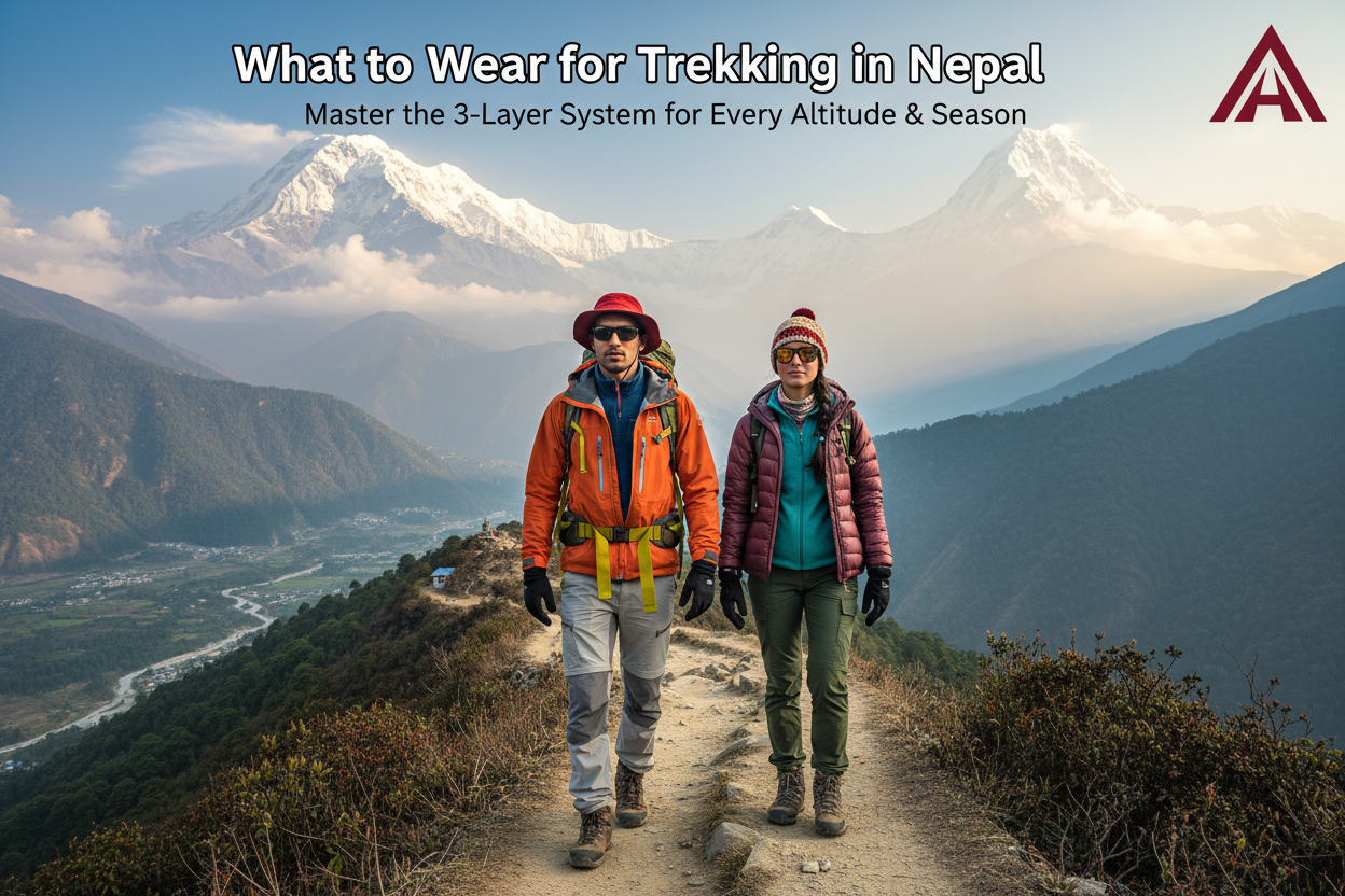 what to wear for trekking in Nepal with layered trekking clothes, jacket, pants, gloves, hat, and mountain trail gear